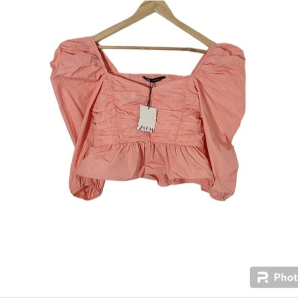 Zara Tops - ZARA  Peach Ruched Puff Sleeve Peplum Crop Top Women's Size M